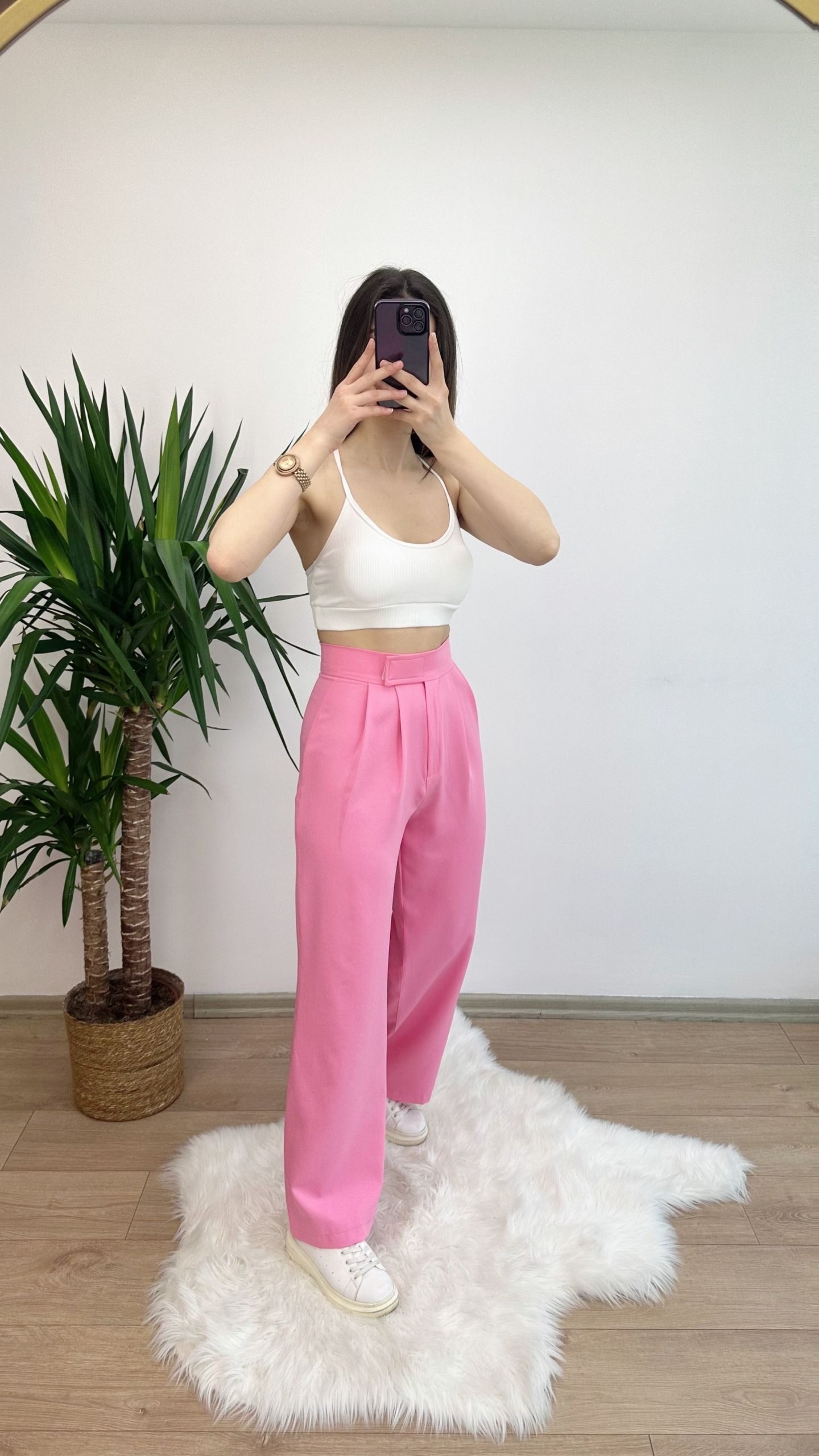 Pembe Beli Cırtlı Palazzo Pantolon - Görsel 4