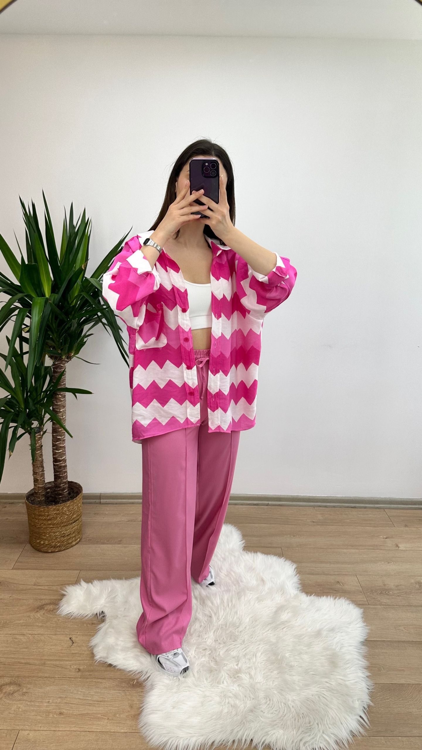 Pembe Zigzag Desen Oversize Gömlek - Görsel 4
