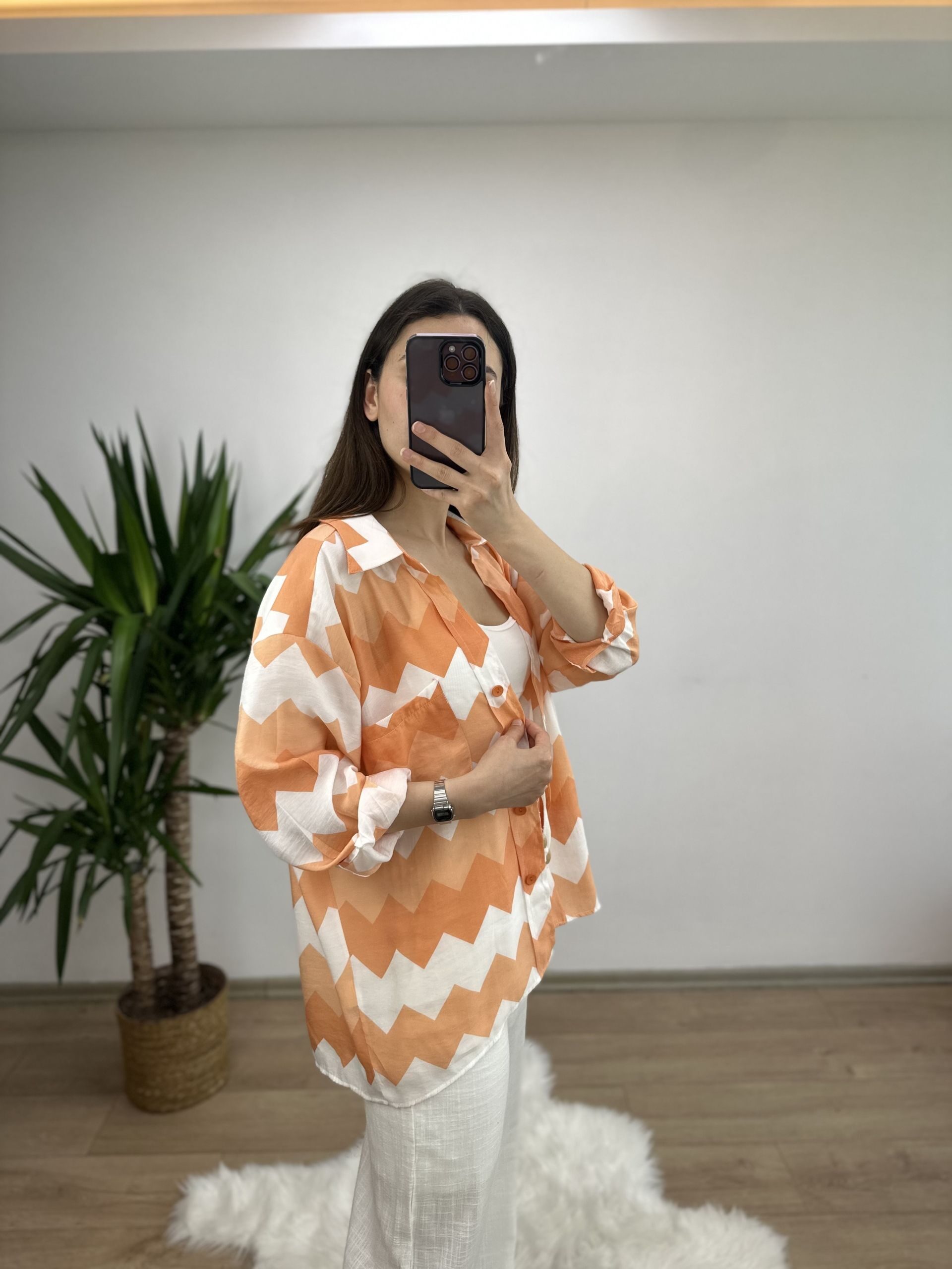 Turuncu Zigzag Desen Oversize Gömlek - Görsel 2