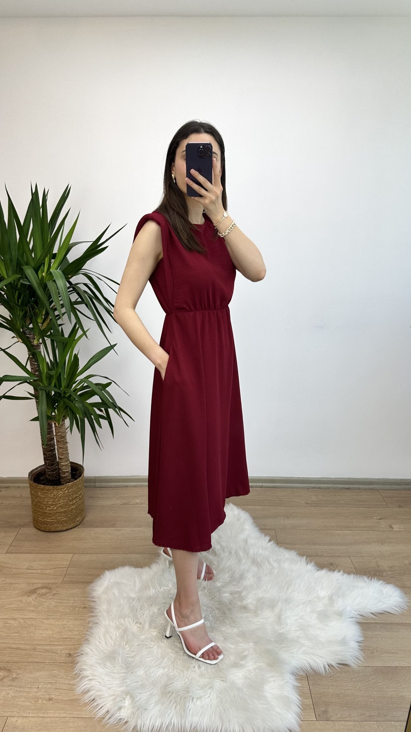 Bordo Vatkalı Basic Elbise - Görsel 2
