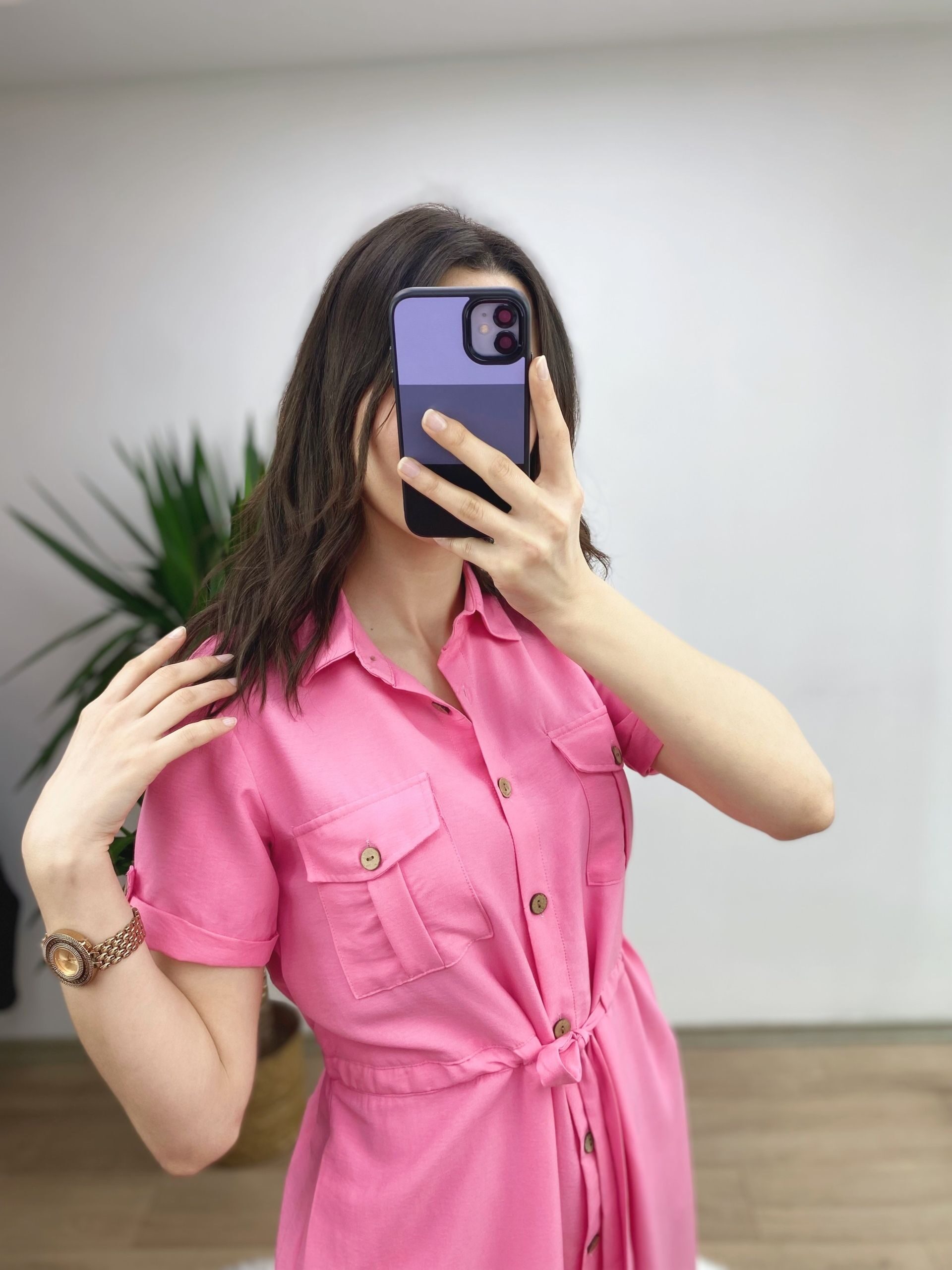 Pembe Gömlek Yaka Beli Büzgülü Tensel Elbise - Görsel 2