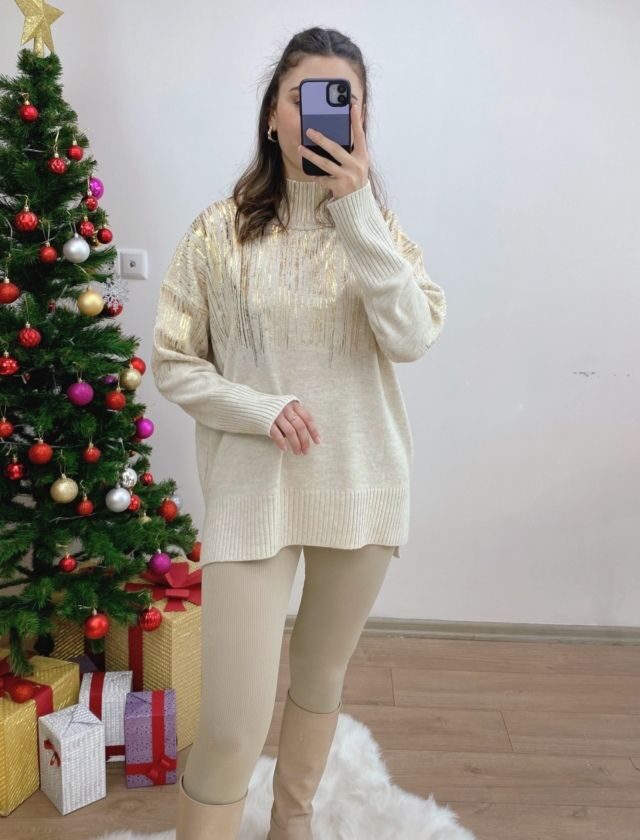 Ekru yaldızlı Oversize Kazak