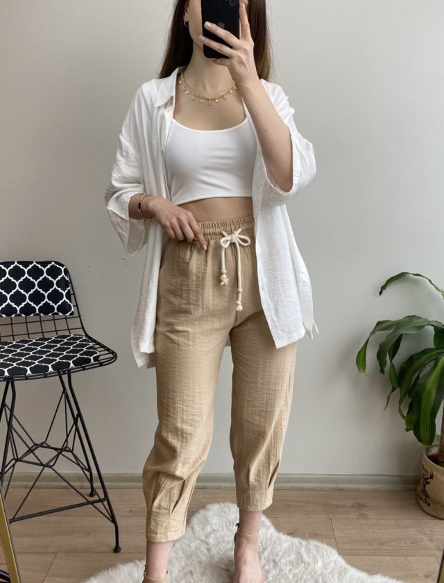Camel Beli İpli Paça Pensli Pantolon