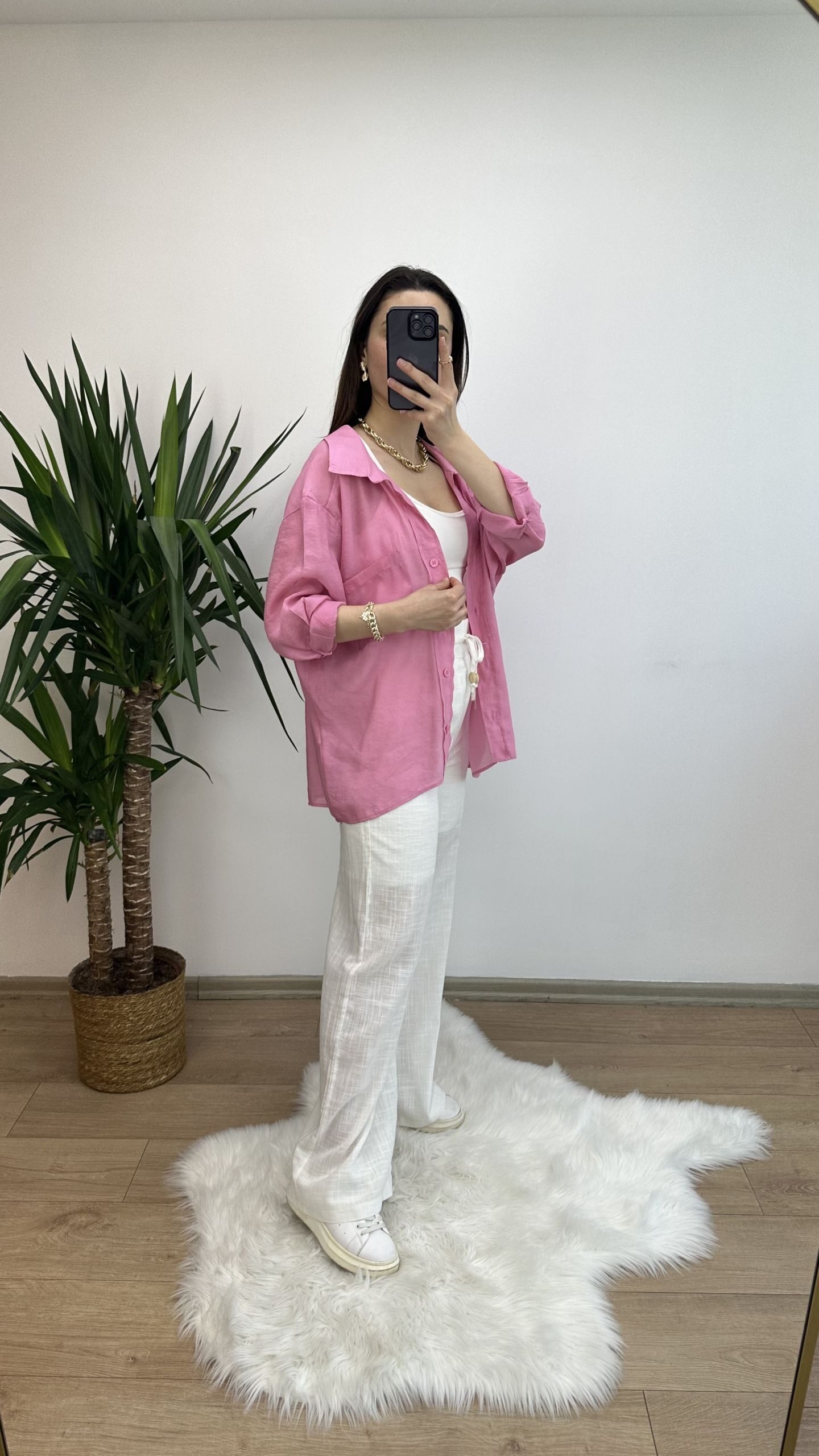 Pembe Düşük Omuz Oversize Gömlek - Görsel 3