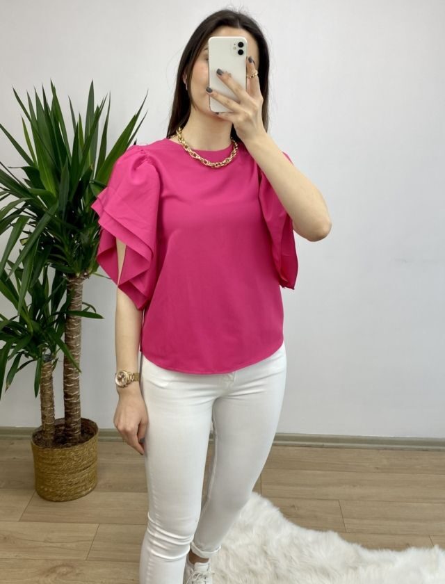 Fuşya Kolları Volanlı Poplin Bluz