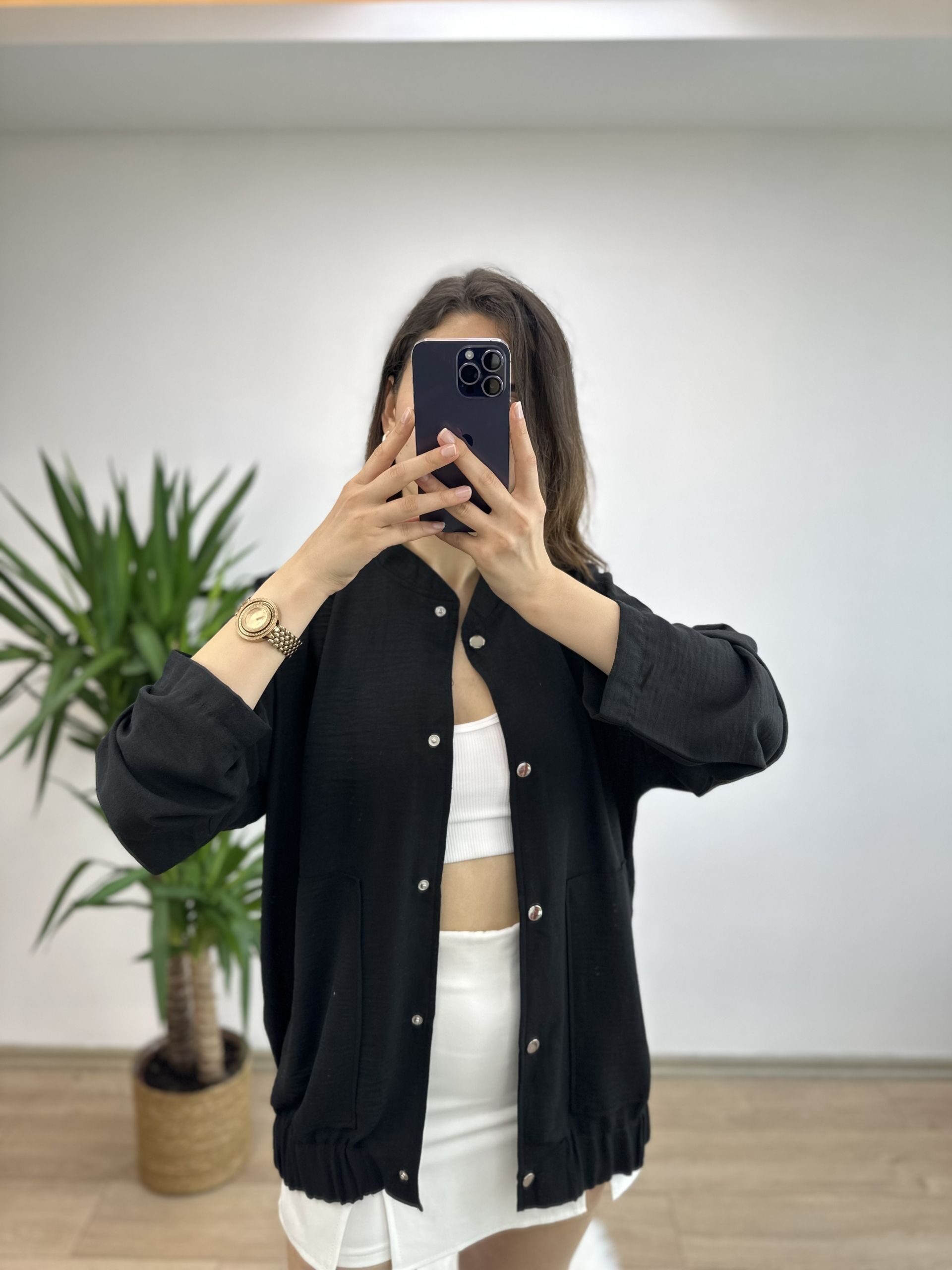 Siyah Keten Bomber Ceket - Görsel 2