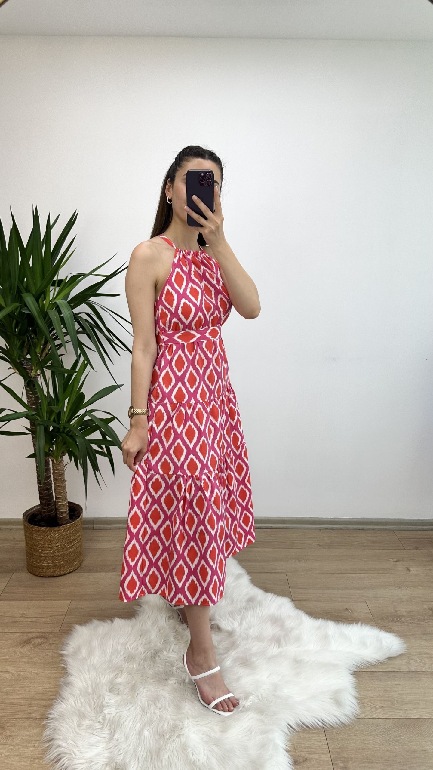 Pembe/Narçiçeği Boyundan Ayarlı Elbise - Görsel 3