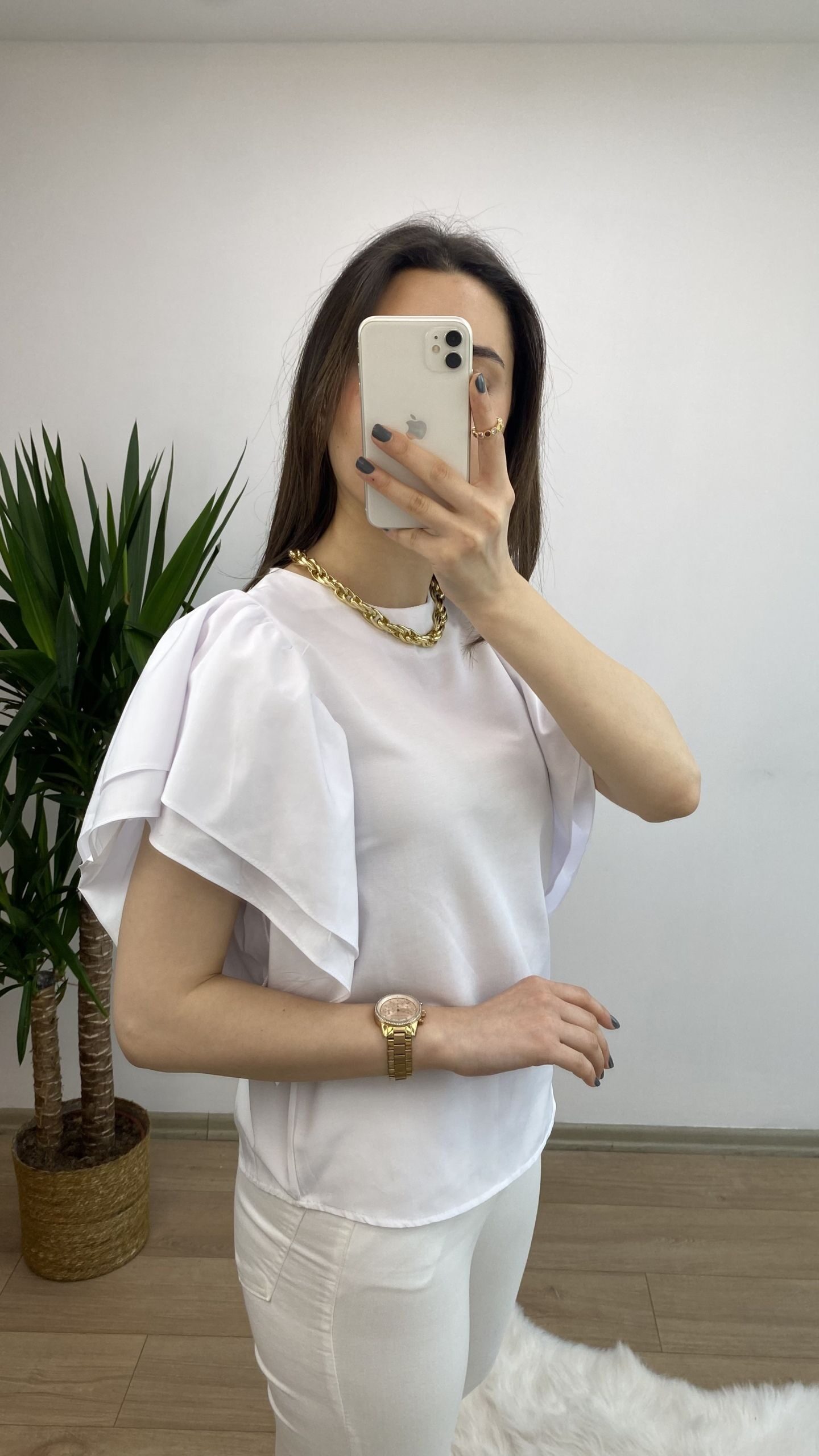 Beyaz Kolları Volanlı Poplin Bluz - Görsel 4