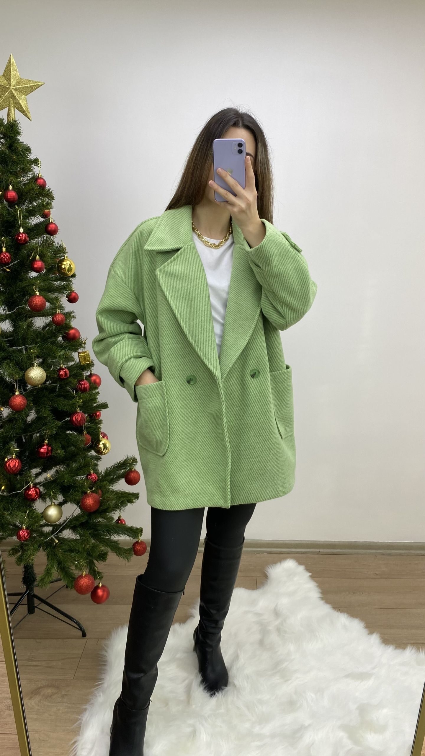 Yeşil Kırçıllı Oversize Kaban