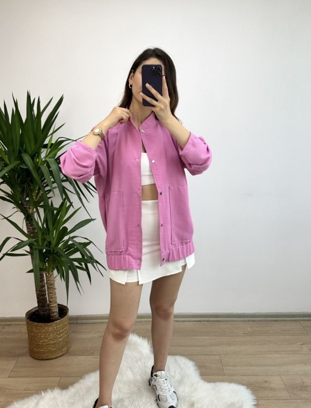 Pembe Keten Bomber Ceket
