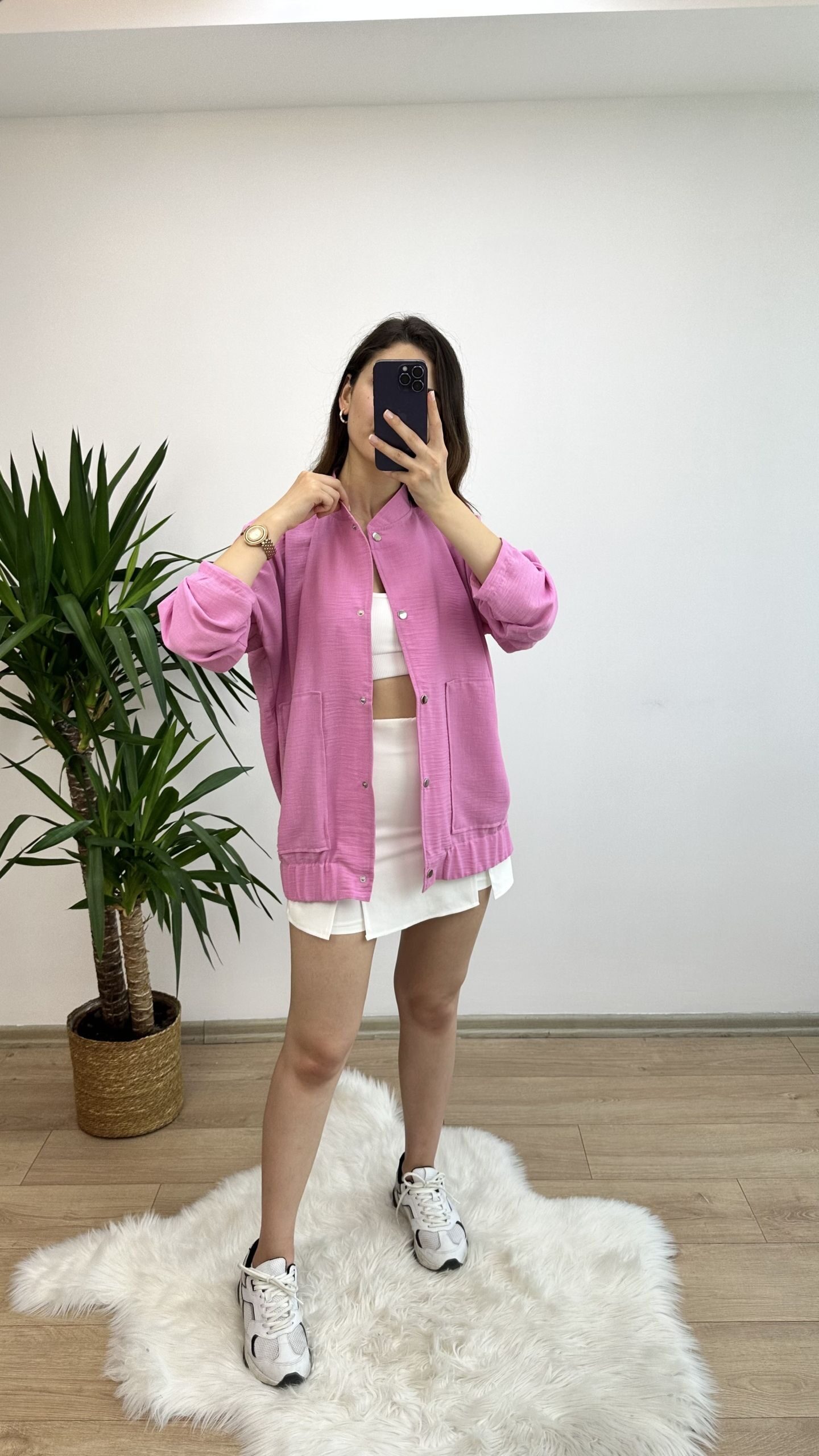 Pembe Keten Bomber Ceket - Görsel 4