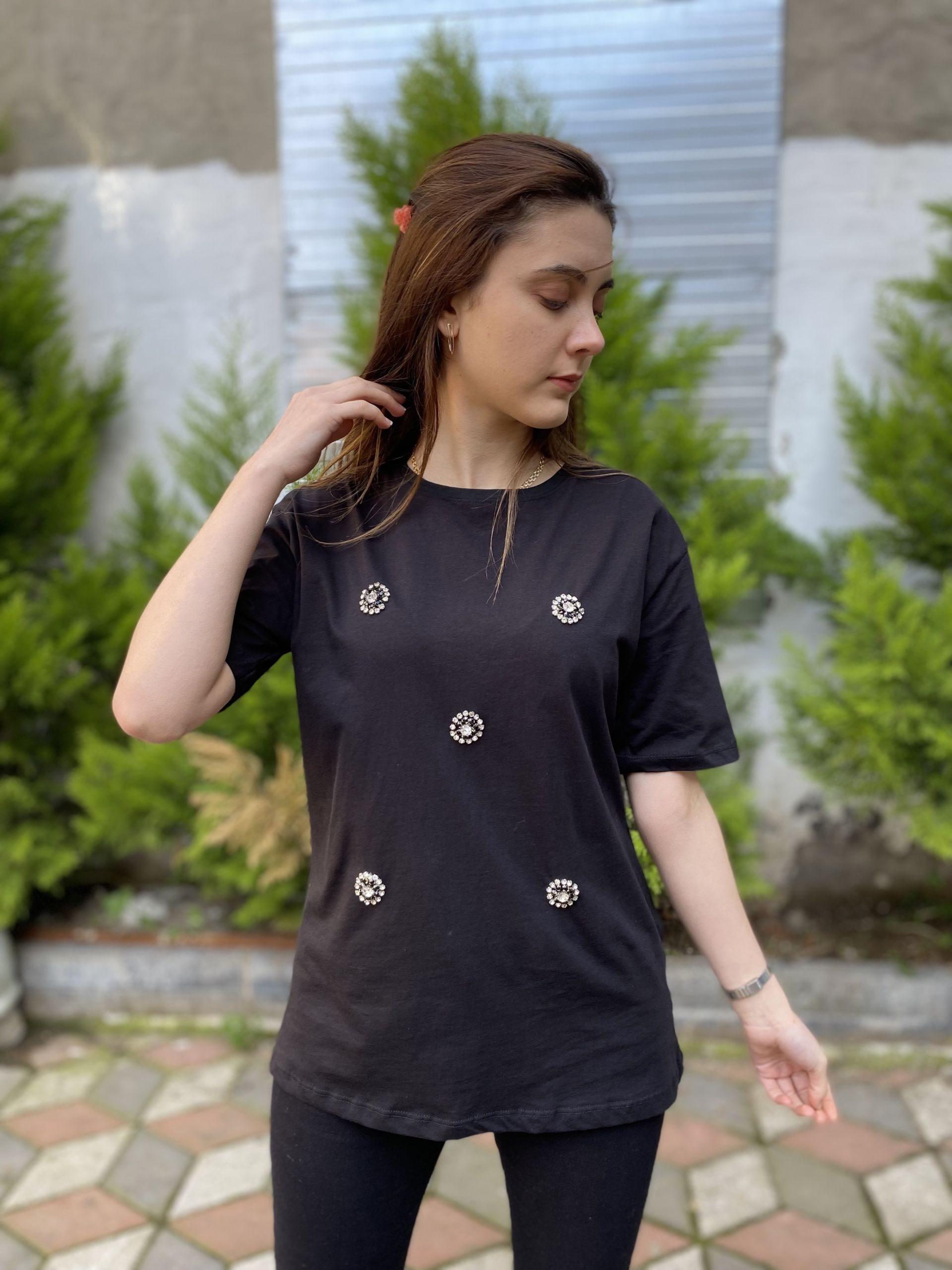 Siyah Taşlı Oversize Tshirt - Görsel 2