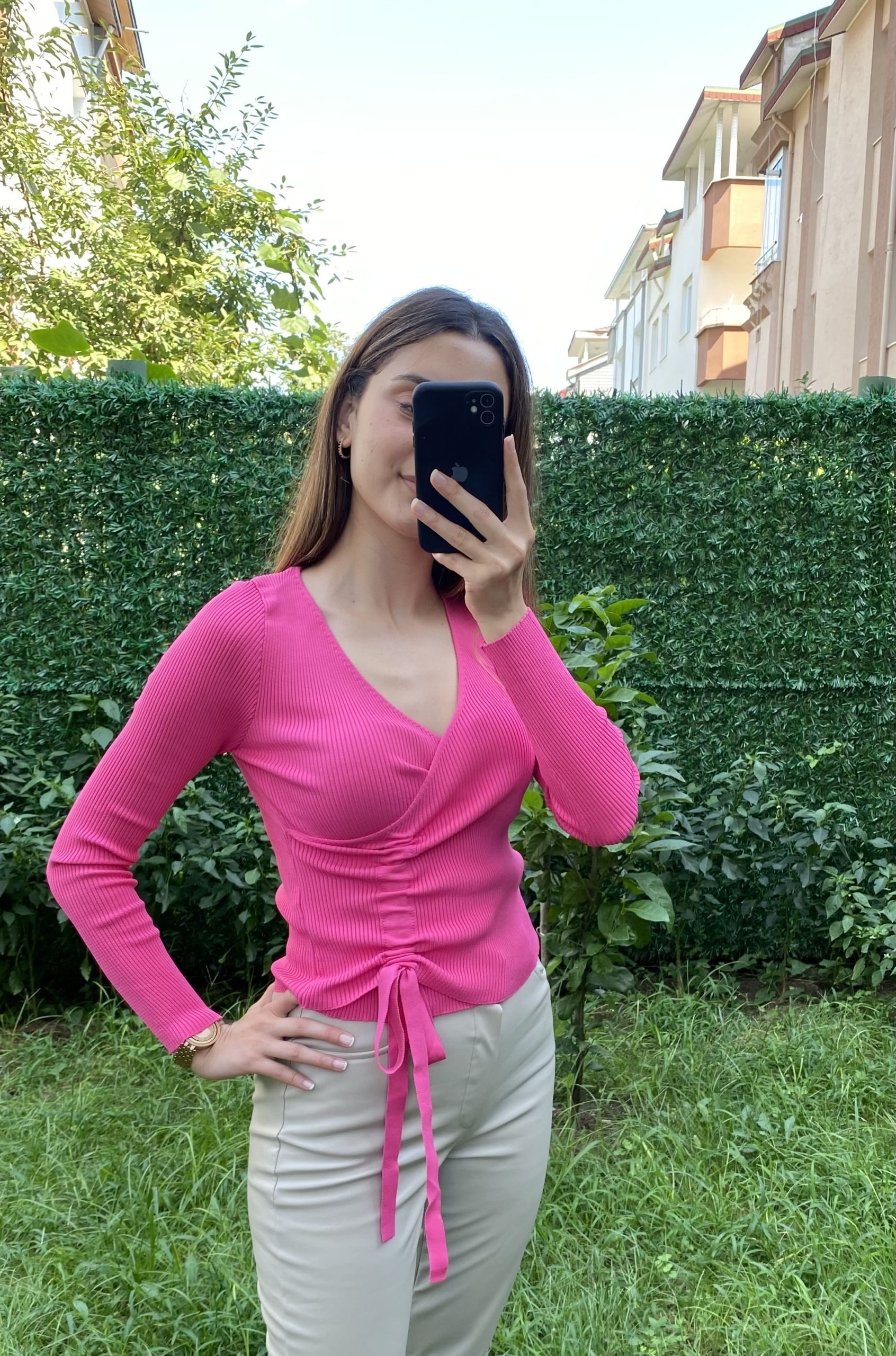 Pembe Önden Büzgülü Kruvaze Bluz - Görsel 2