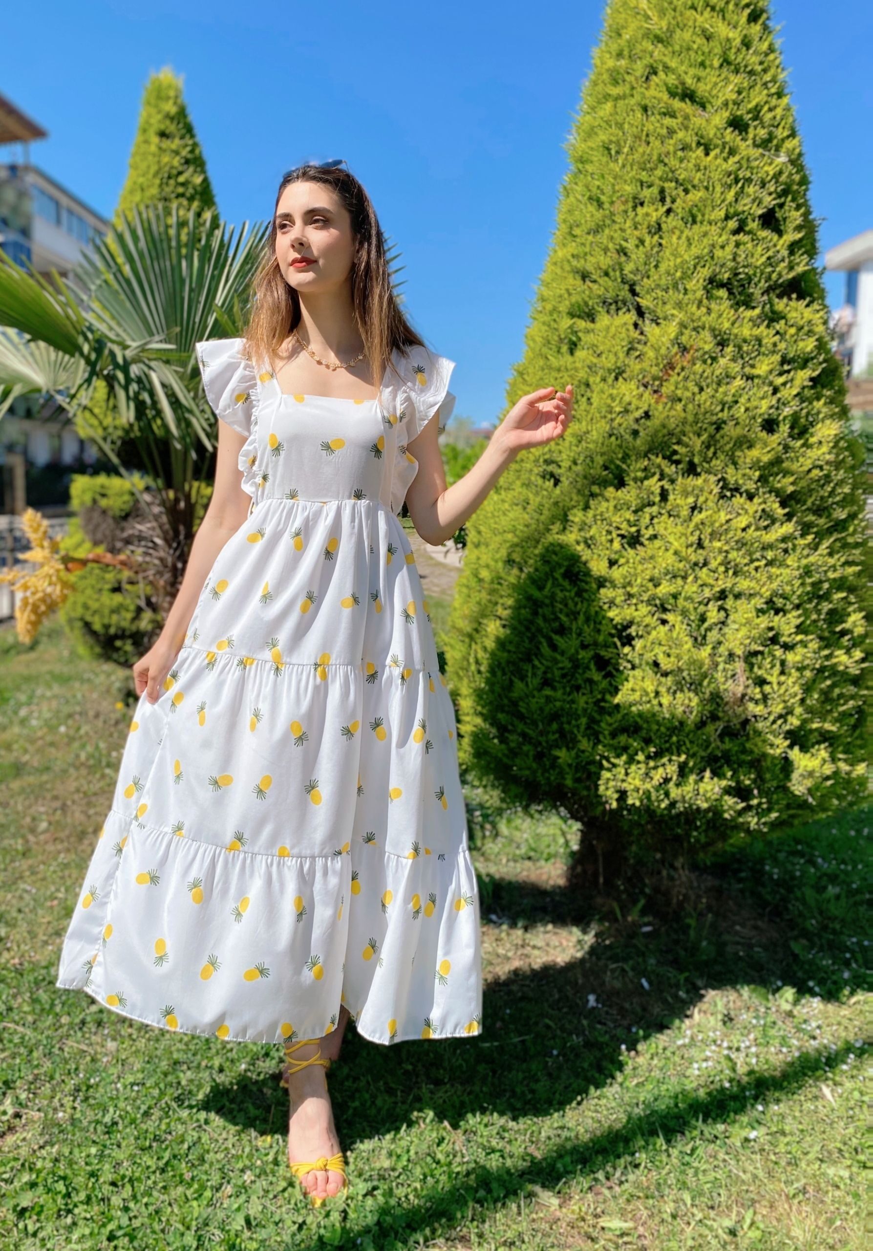 Beyaz Ananaslı Kemerli Elbise - Görsel 6