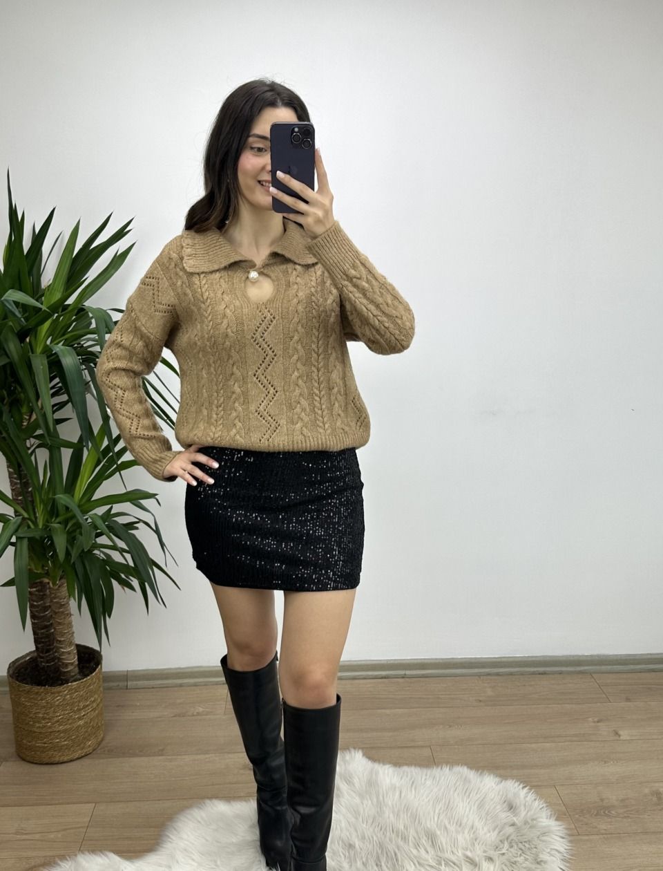 Kahve İnci Detay Bebe Yaka Kazak - Görsel 4