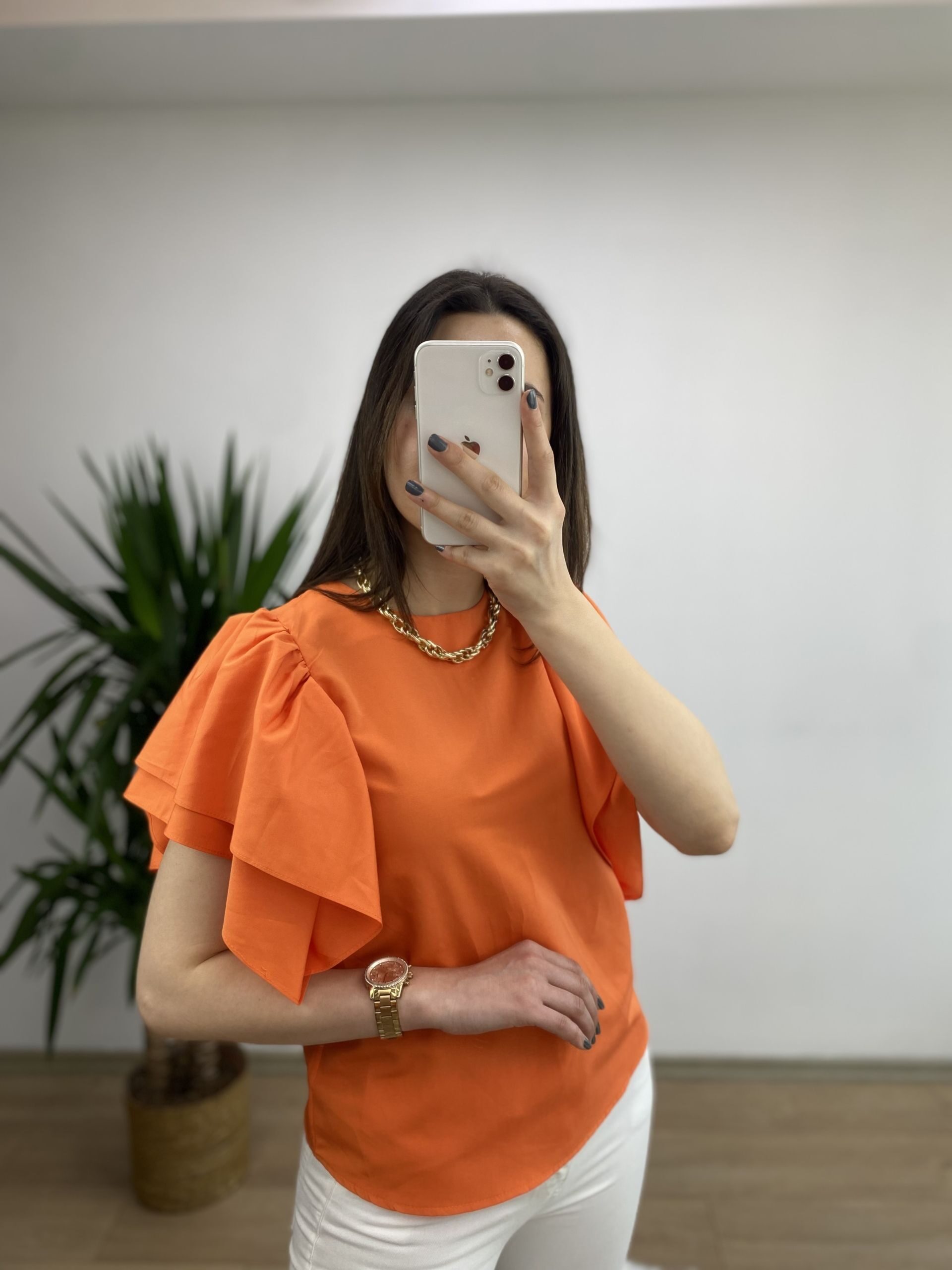 Turuncu Kolları Volanlı Poplin Bluz - Görsel 3