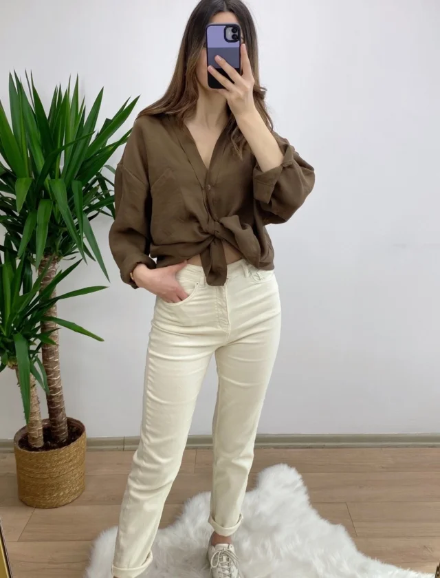Ekru Zara Likralı Mom Jean