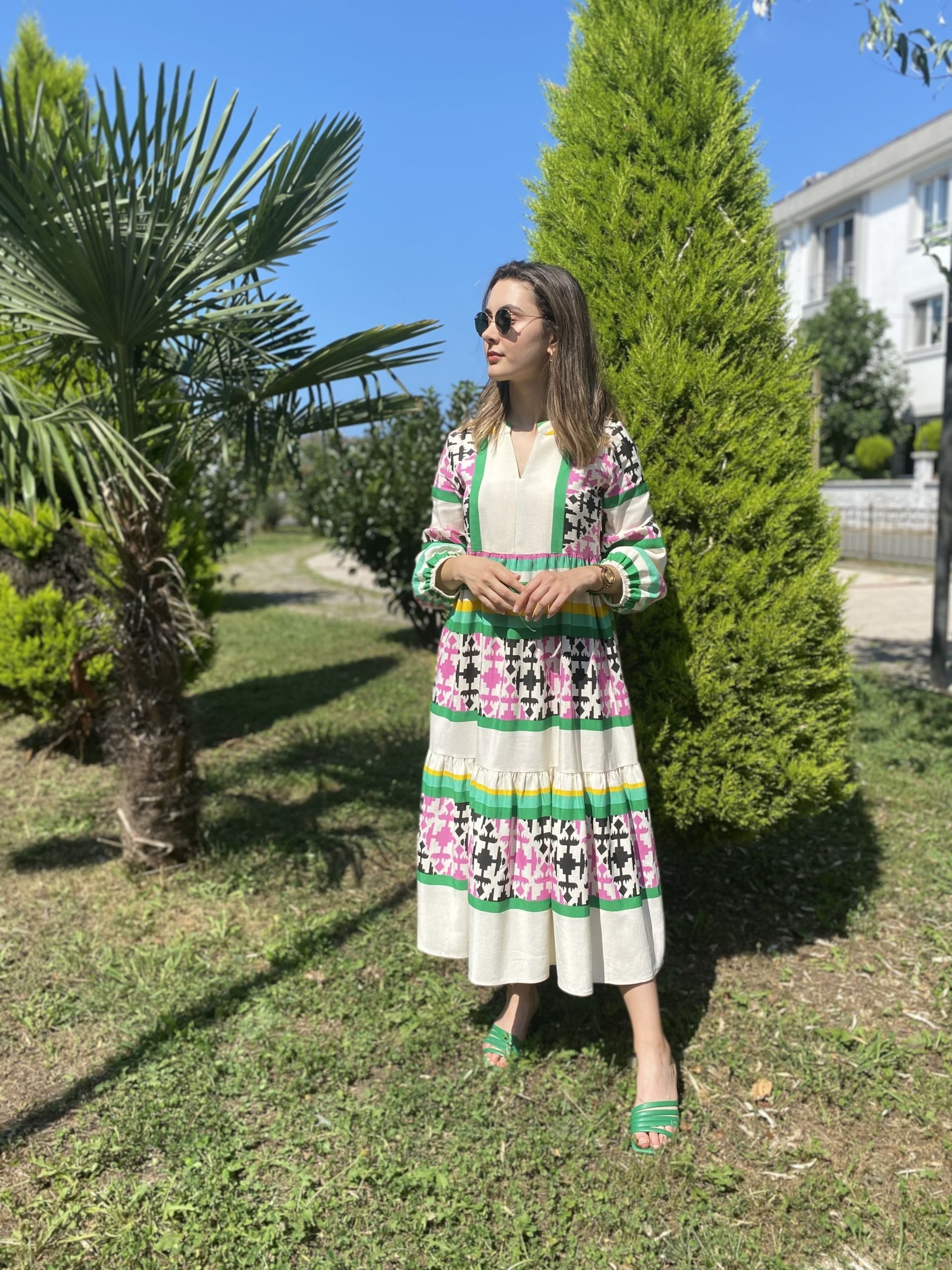 Yeşil Desenli Uzun Kol Elbise - Görsel 2