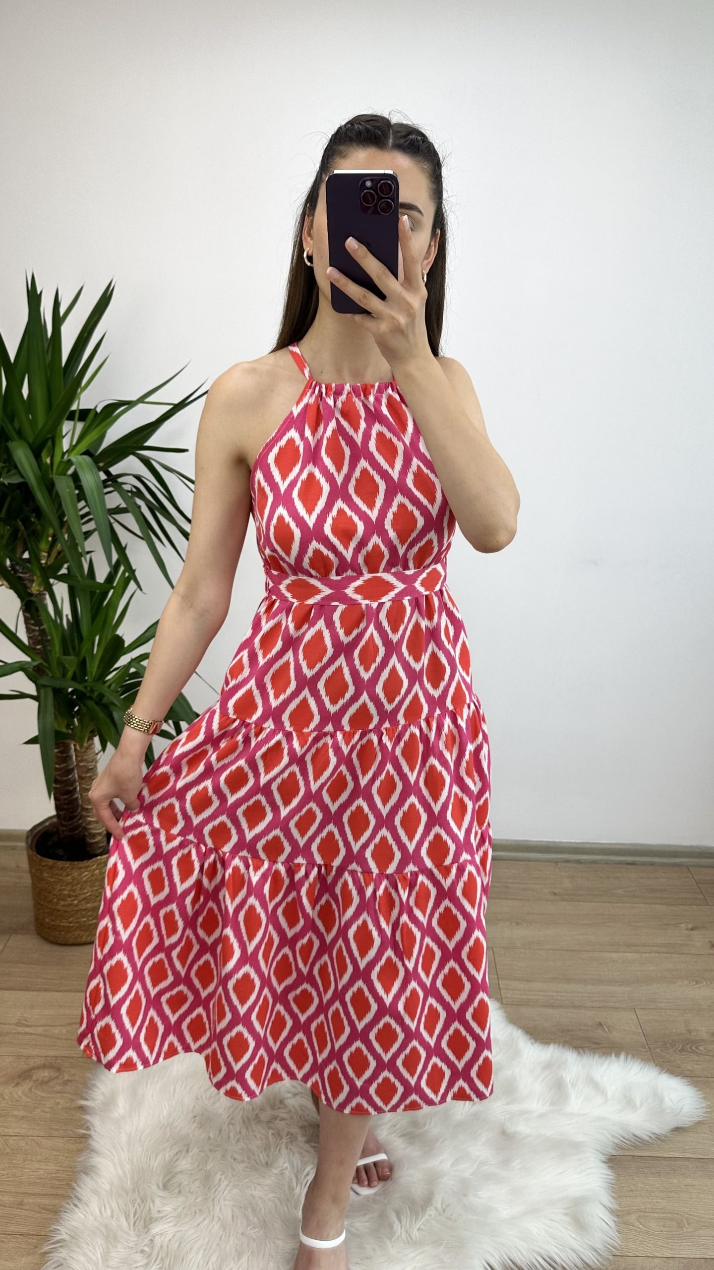 Pembe/Narçiçeği Boyundan Ayarlı Elbise - Görsel 5