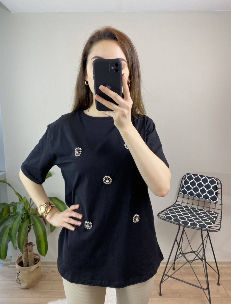 Siyah Taşlı Oversize Tshirt - Görsel 5