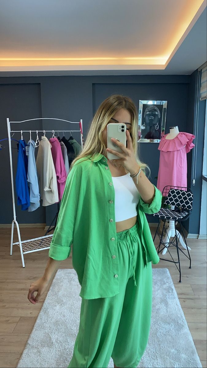 Yeşil Oversize Keten Gömlek