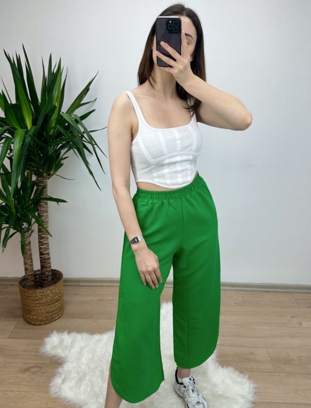 Yeşil Yırtmaçlı Keten Pantolon