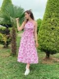 Pembe Desenli Boyundan Ayarlı Elbise