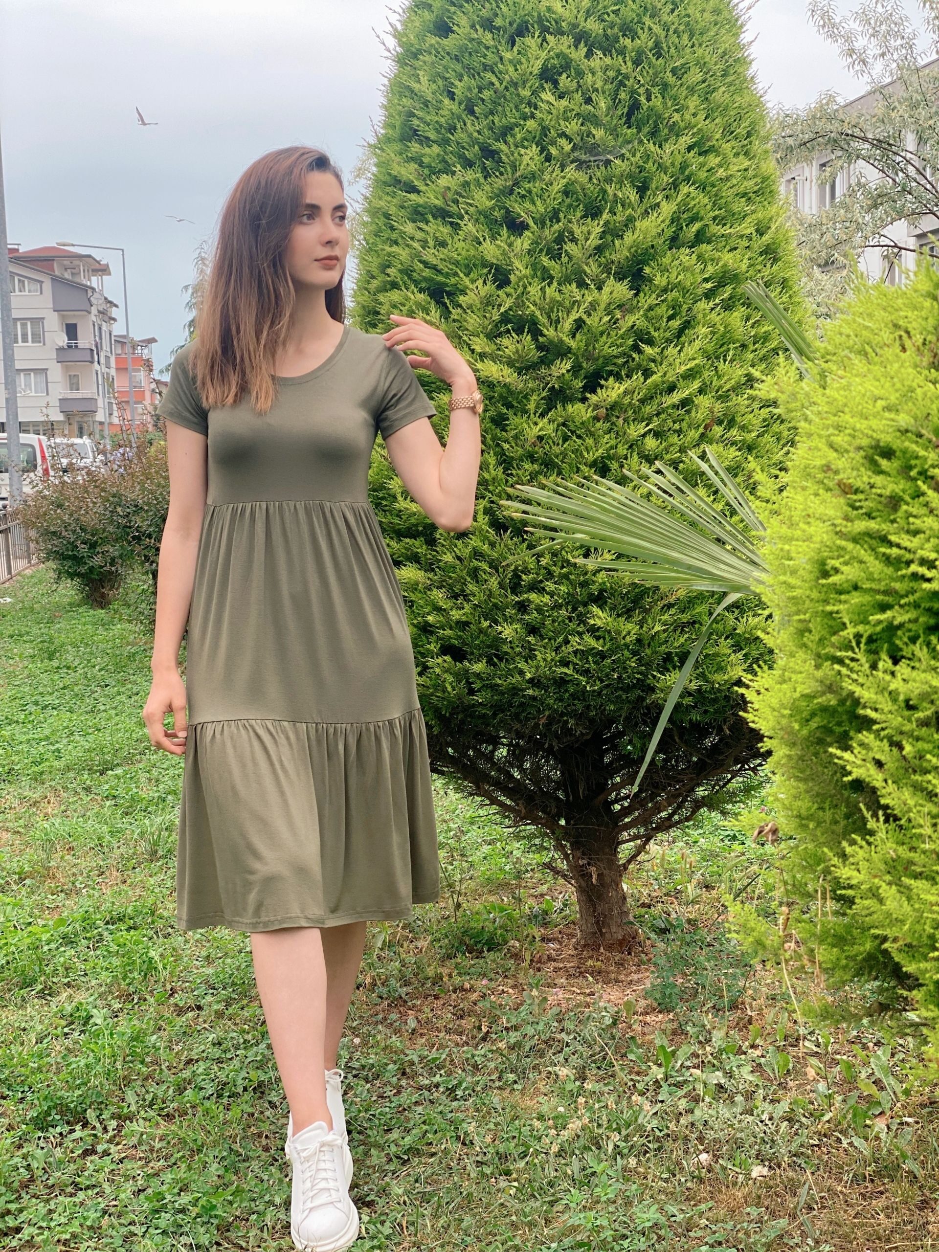 Haki Yeşil Bisiklet Yaka Penye Elbise