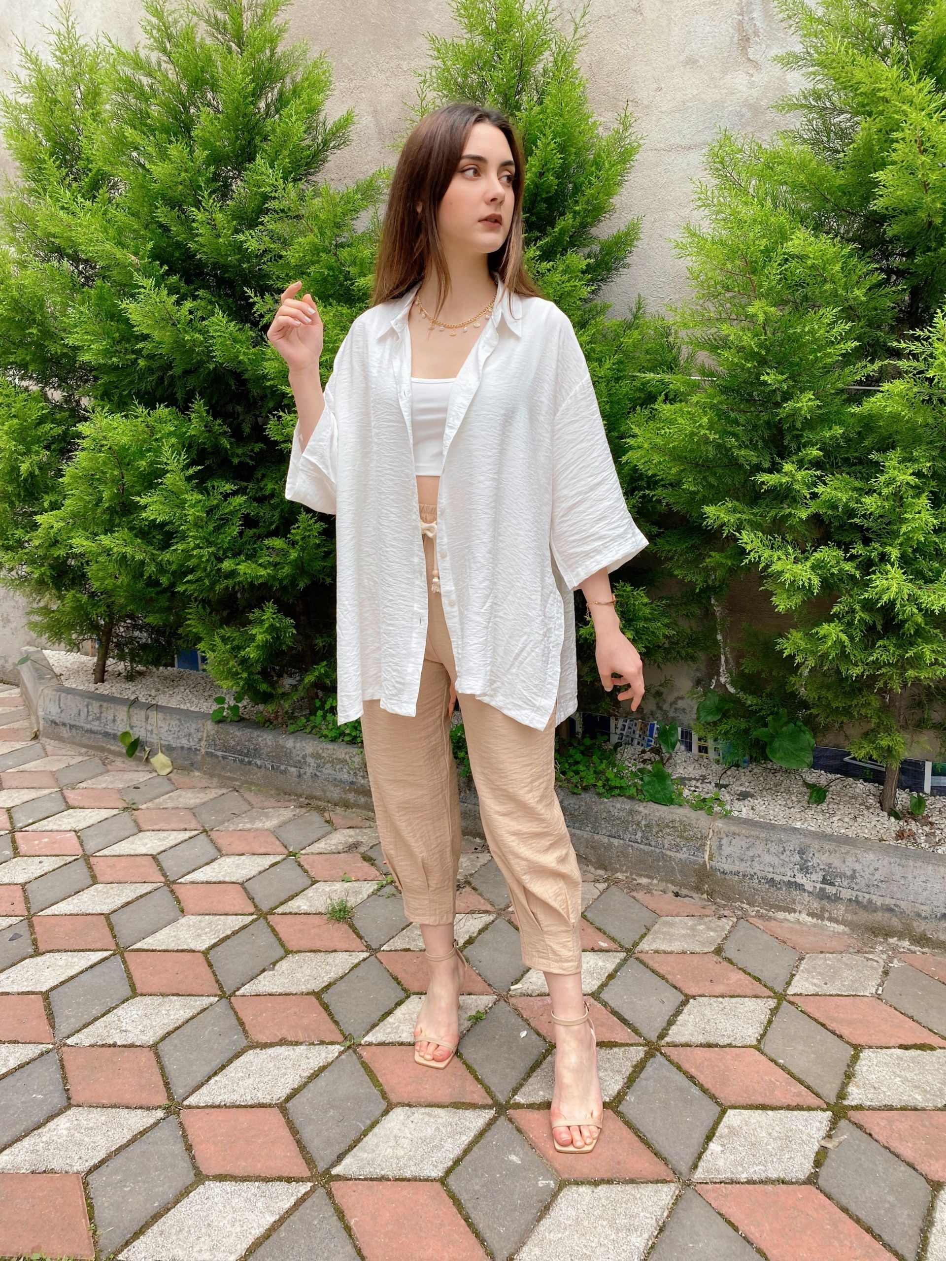 Camel Beli İpli Paça Pensli Pantolon - Görsel 6