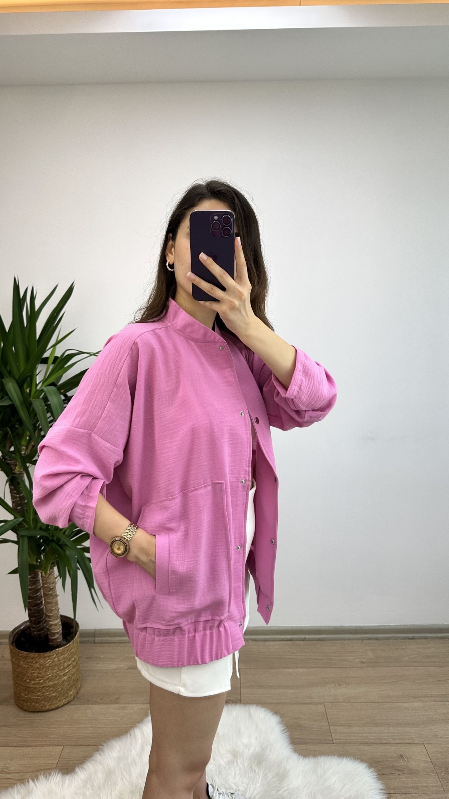 Pembe Keten Bomber Ceket - Görsel 2