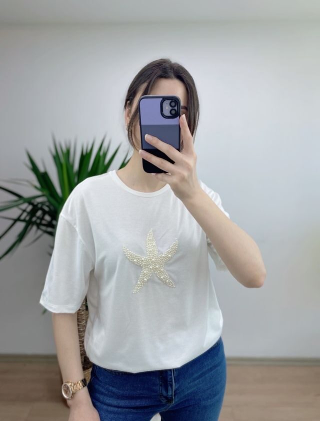Beyaz Yıldız İncili T-shirt