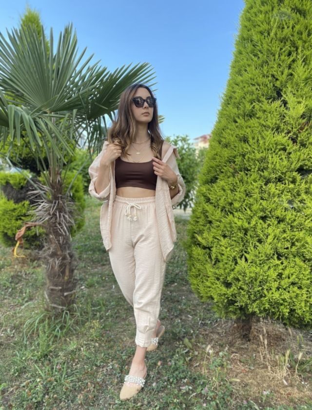 Bej Beli İpli Paça Pensli Pantolon