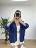 Koyu Mavi Düşük Omuz Oversize Gömlek
