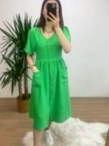 Yeşil Önden Düğmeli Cepli Elbise