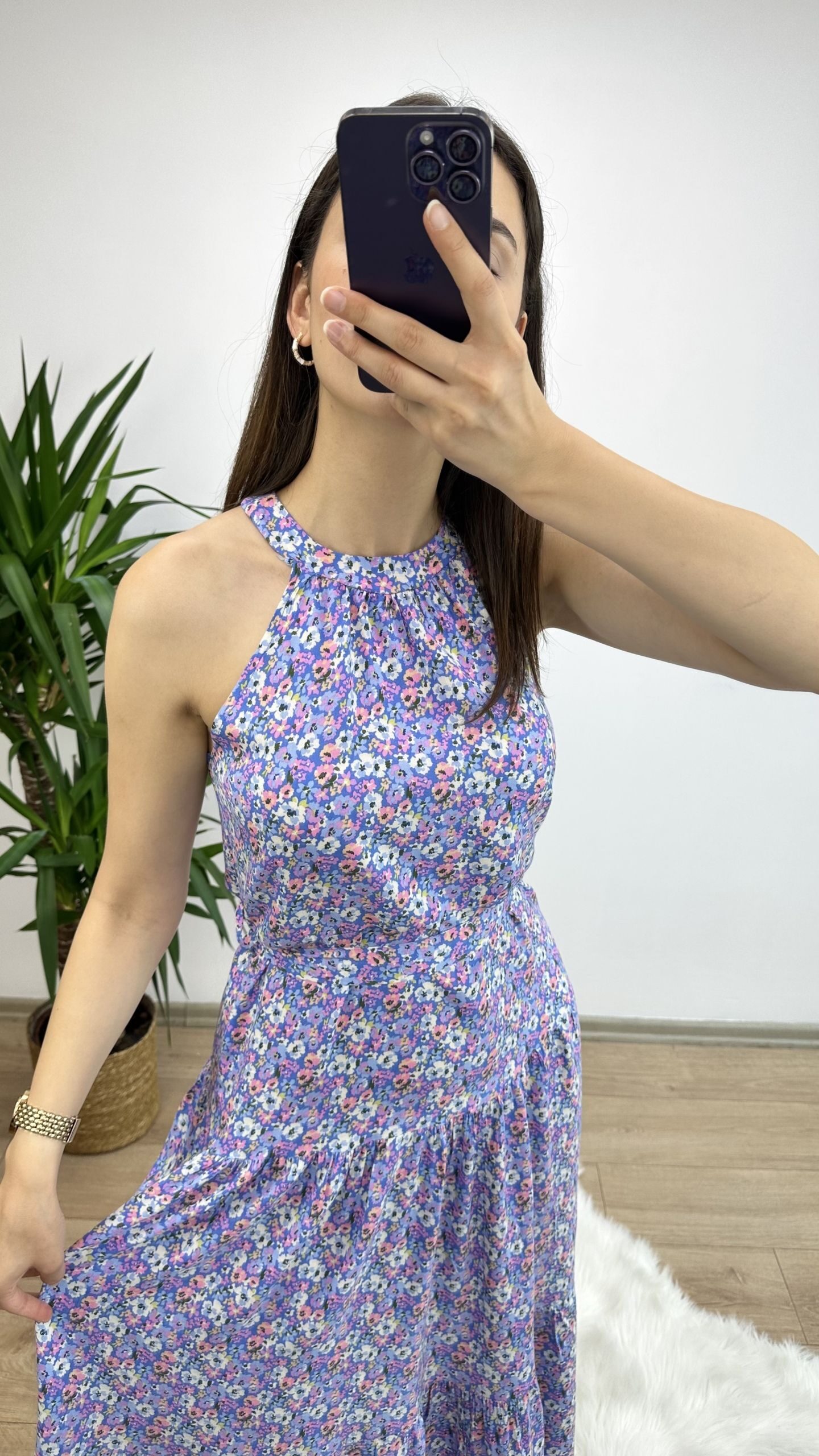 Lila Çiçek Desen Halter Yaka Elbise - Görsel 3