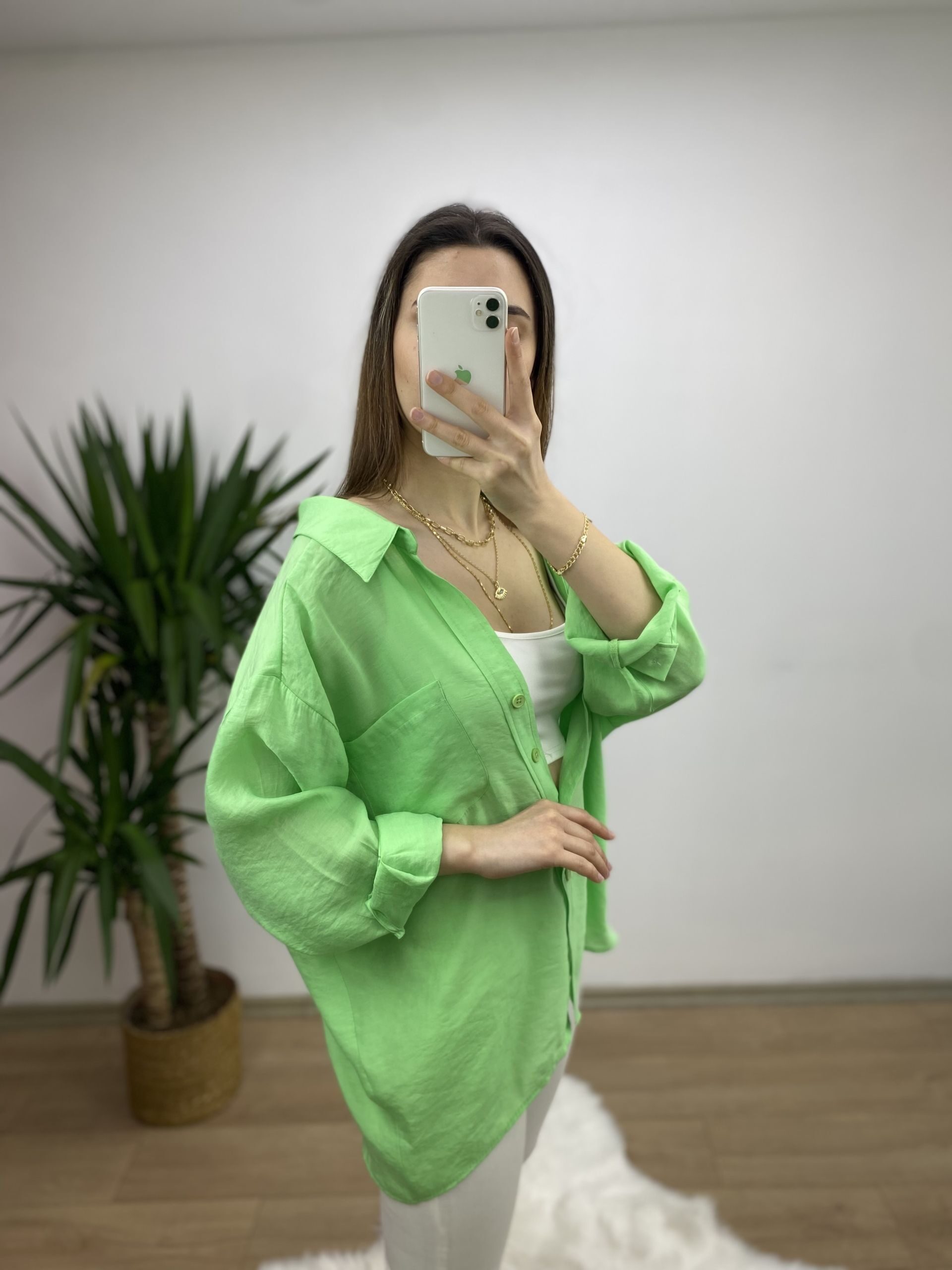 Yeşil Düşük Omuz Oversize Gömlek - Görsel 3