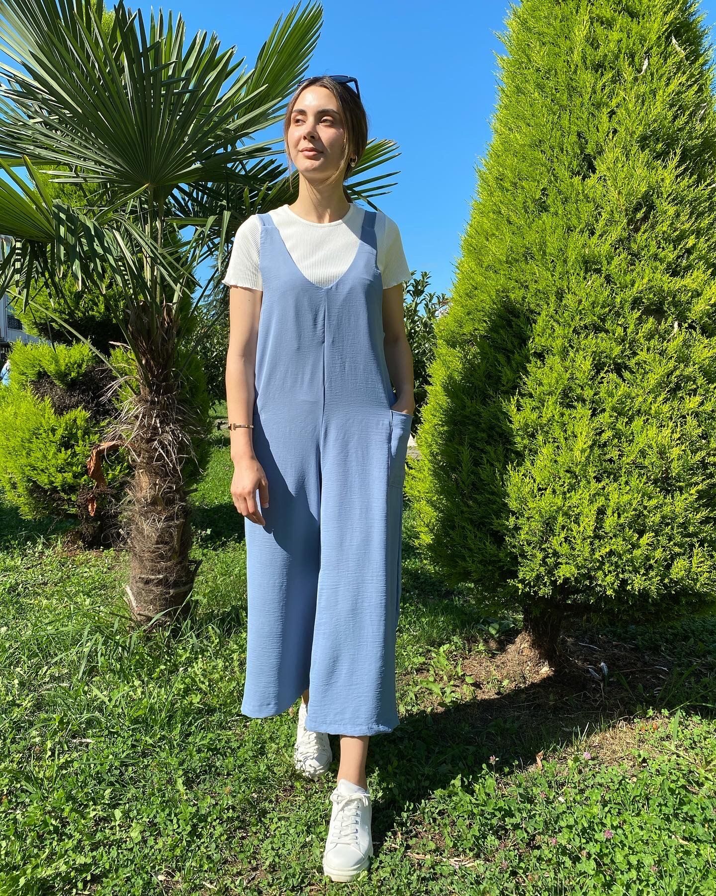 Açık mavi Boyundan Ayarlı Salaş Tulum