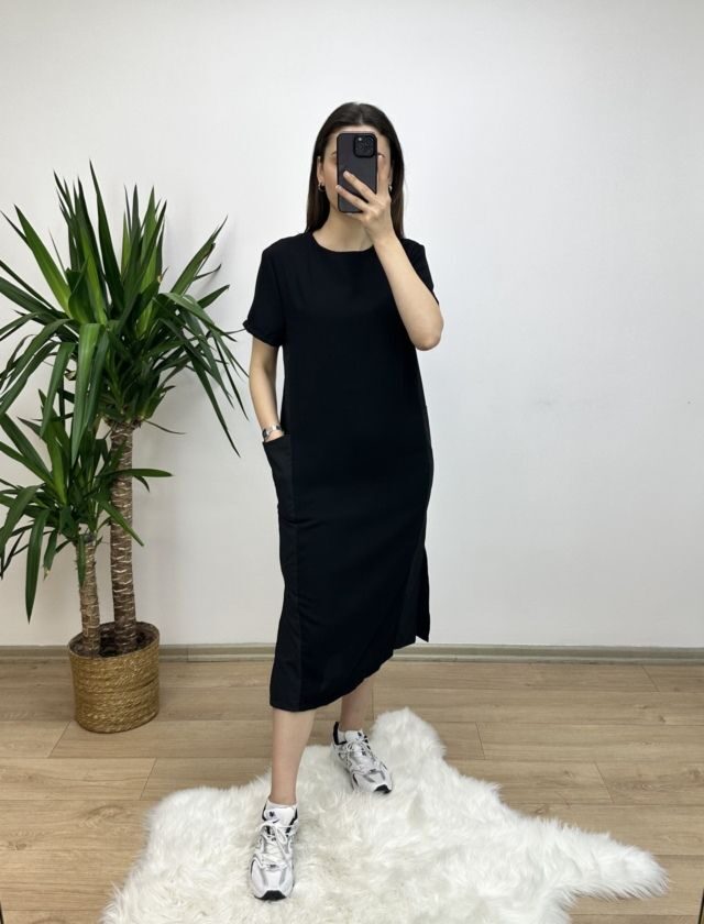 Siyah Yanları Poplin Basic Elbise