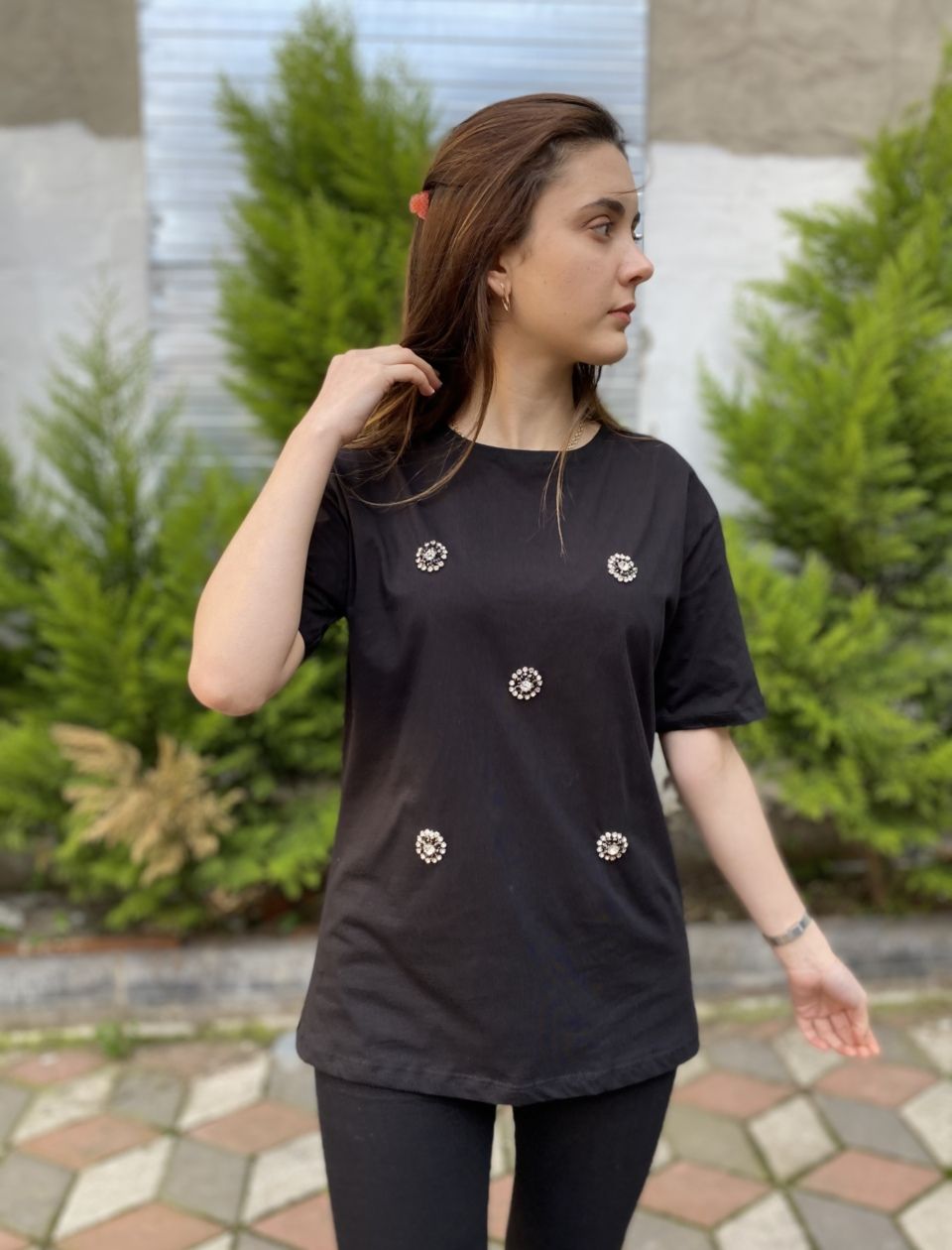 Siyah Taşlı Oversize Tshirt