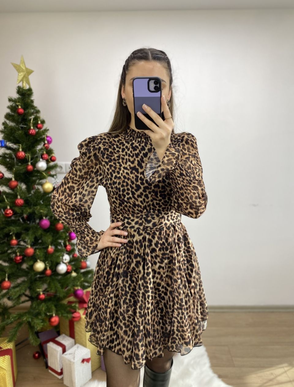 Leopar Desen Şifon Elbise