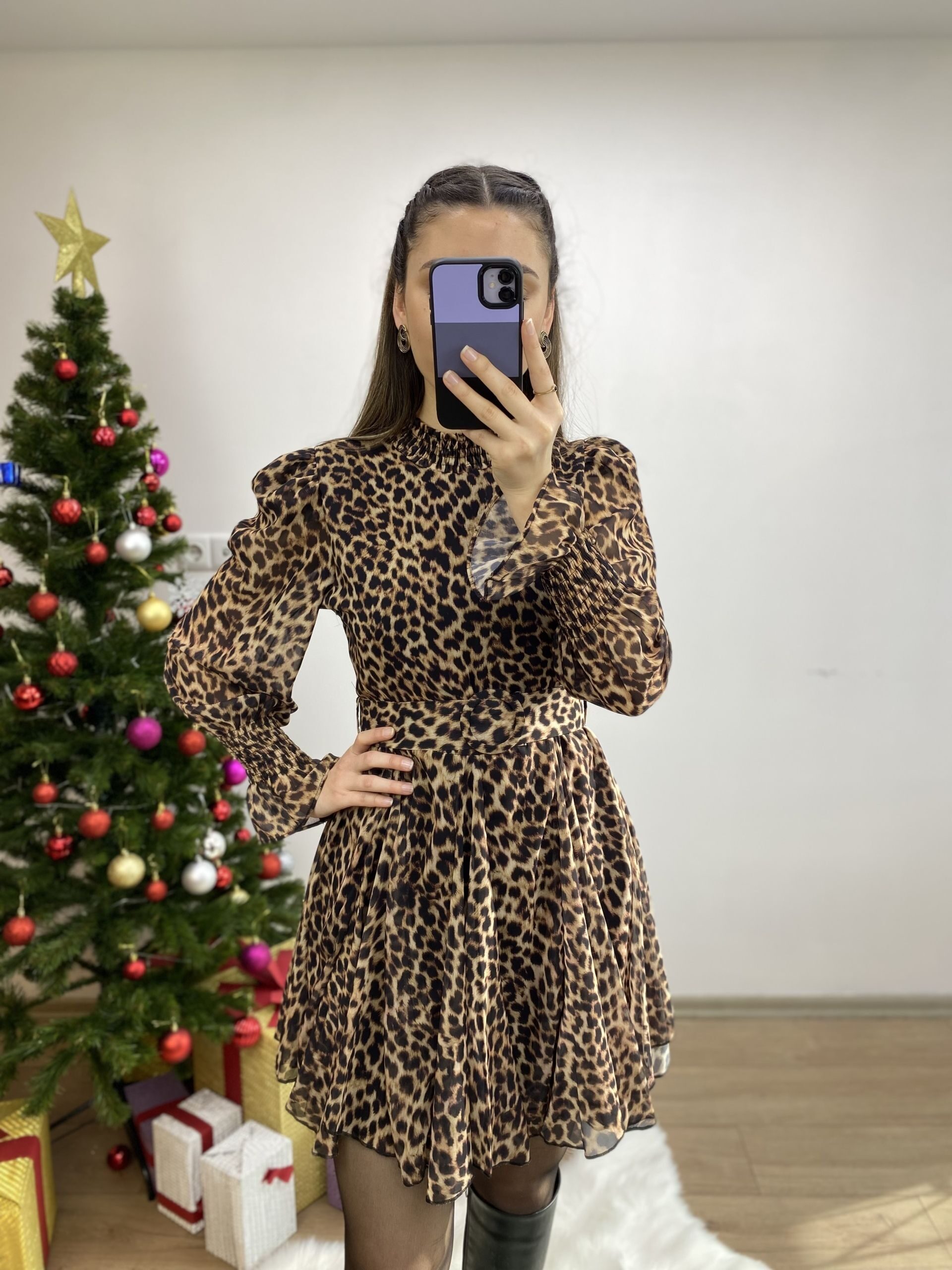 Leopar Desen Şifon Elbise