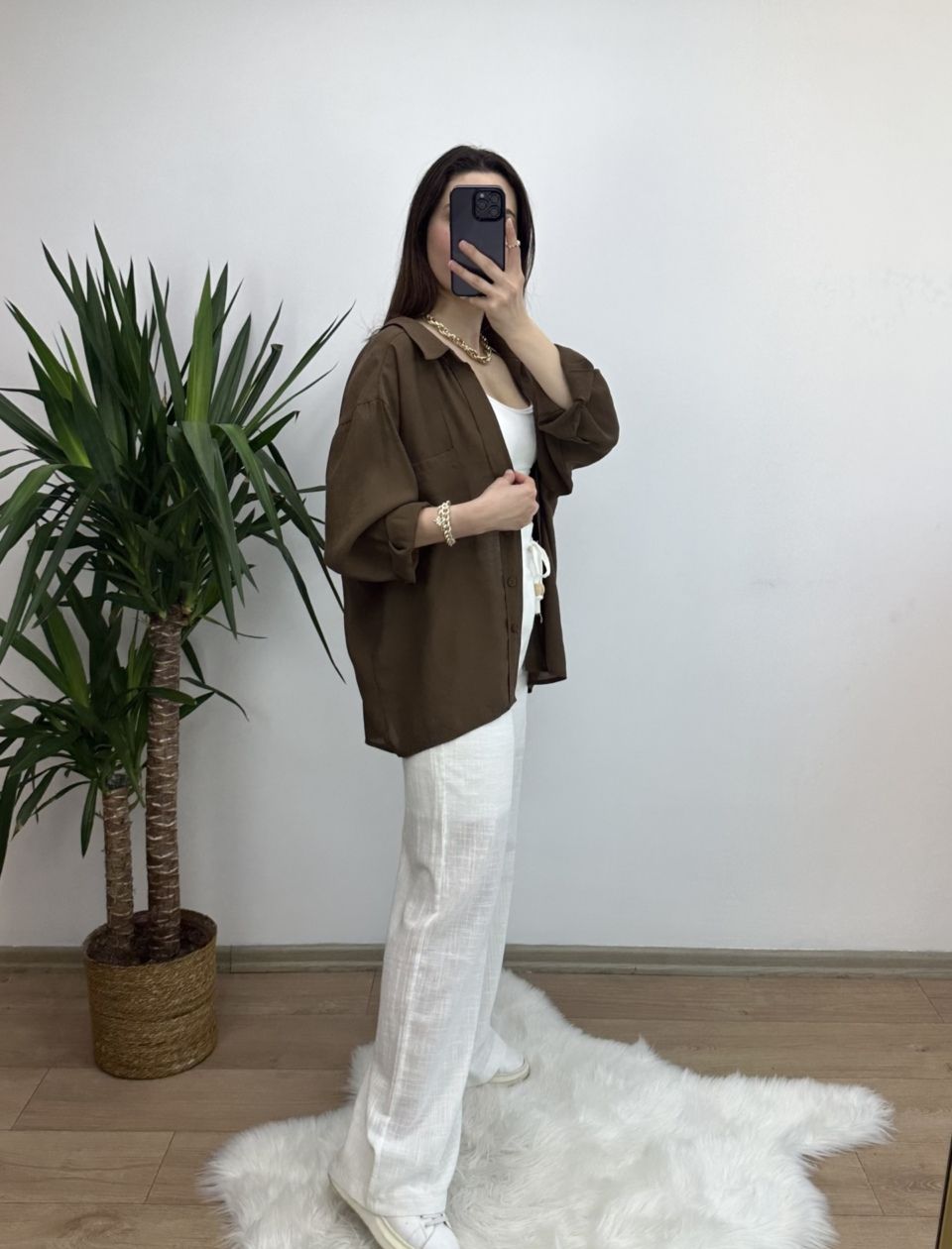Kahve Düşük Omuz Oversize Gömlek - Görsel 4