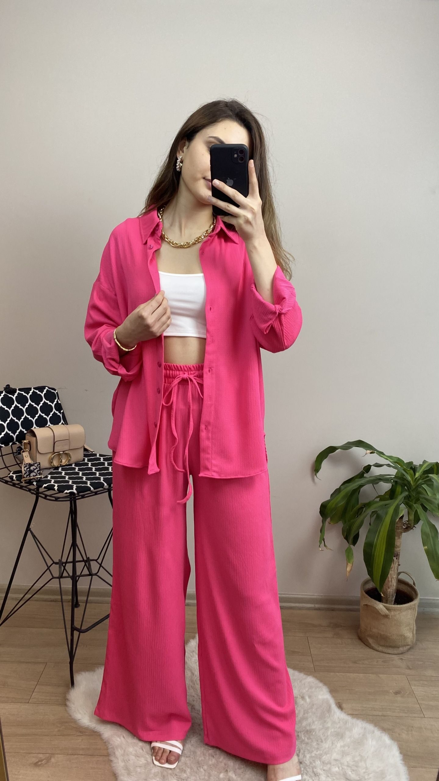 Pembe Krinkıl Kumaş Rahat Takım