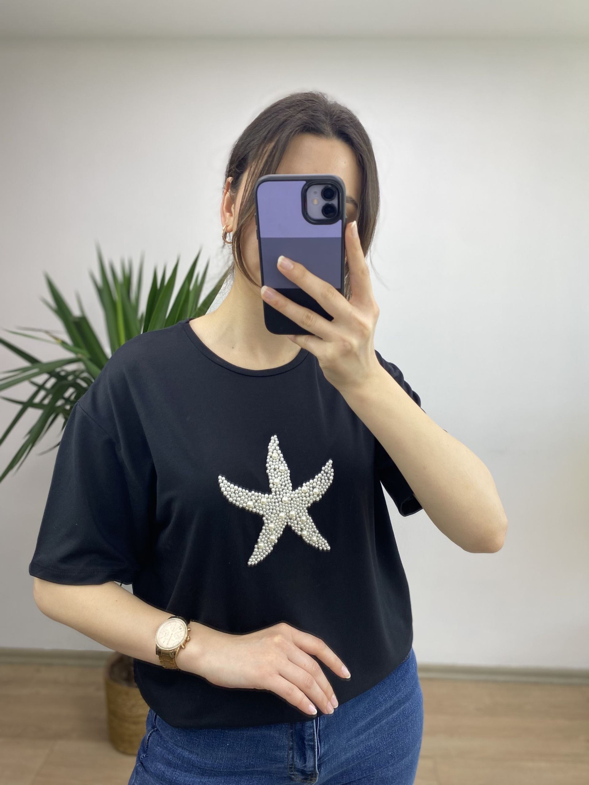 Siyah Yıldız İncili T-shirt - Görsel 2