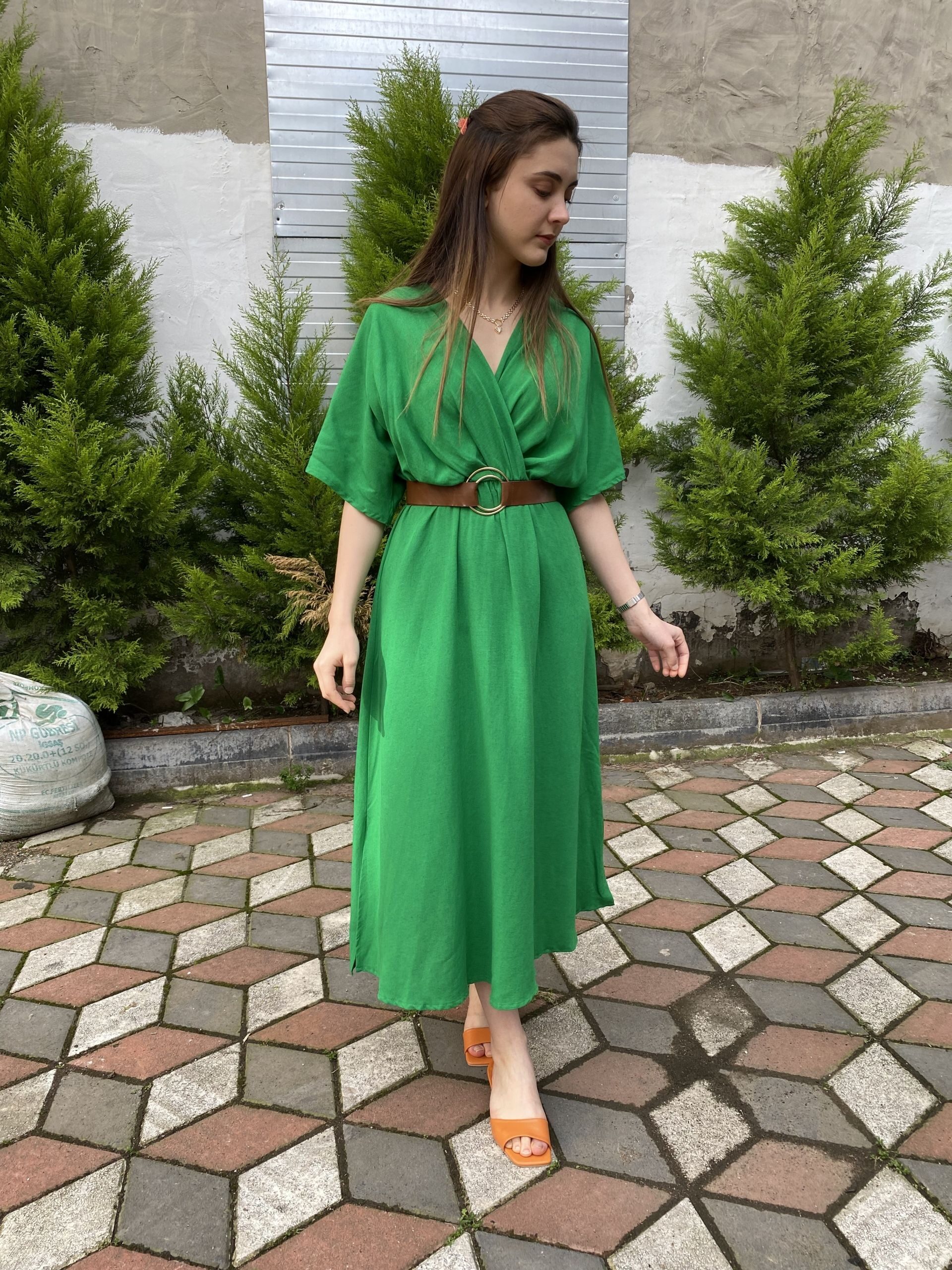Benetton Yeşil Keten Kruvaze Elbise - Görsel 3
