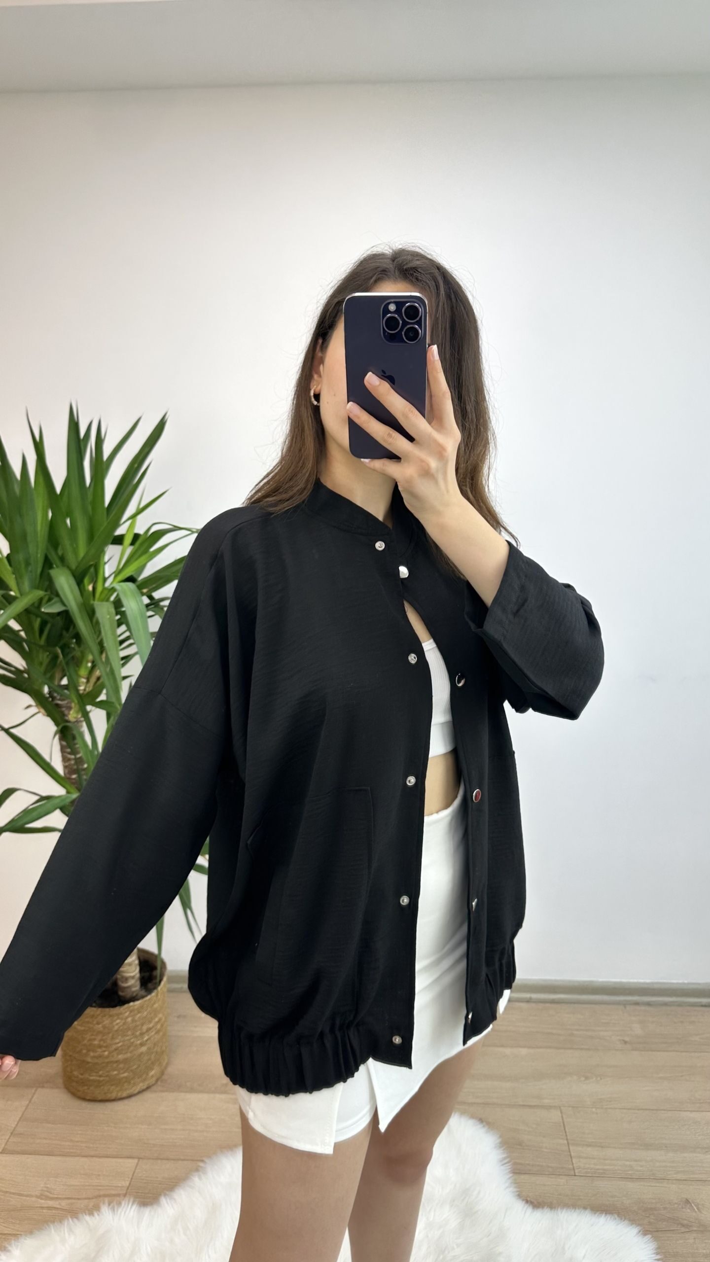 Siyah Keten Bomber Ceket - Görsel 4