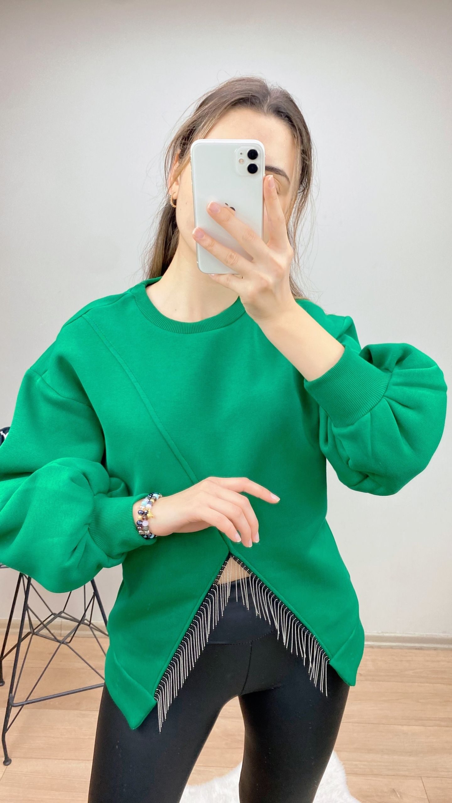 Yeşil Zincir Detay Şardonlu Sweat - Görsel 4