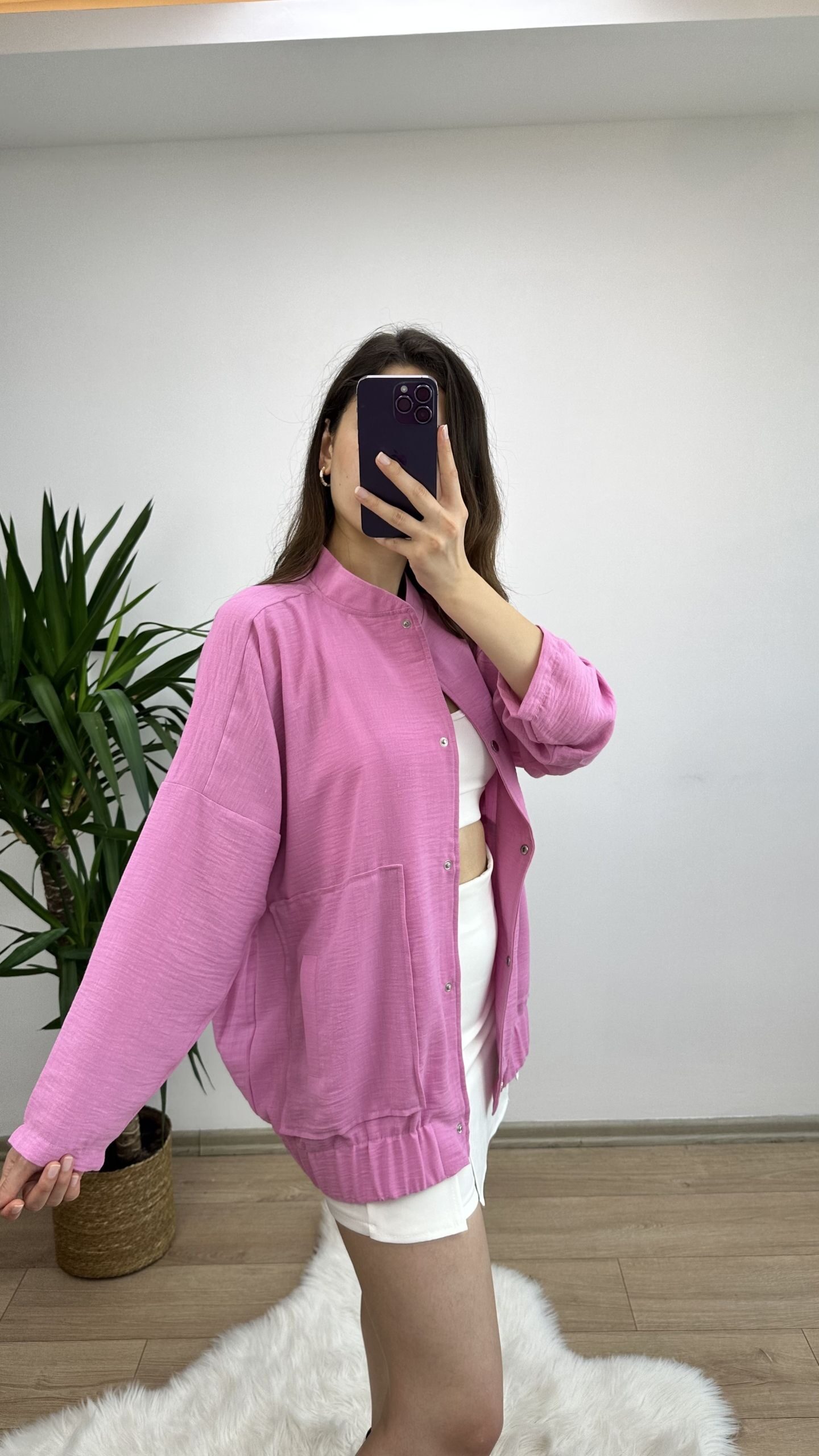 Pembe Keten Bomber Ceket - Görsel 5