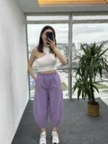 Lila Dikişli Gabardin Şalvar Pantolon