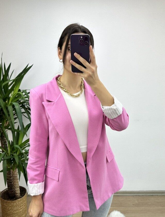 Pembe Keten Blazer Ceket